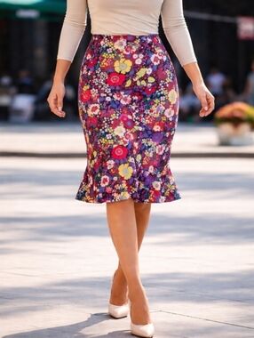 Tristan Retro Pencil Skirt with Fluted Trumpet Hem Vibrant Floral Purple Red